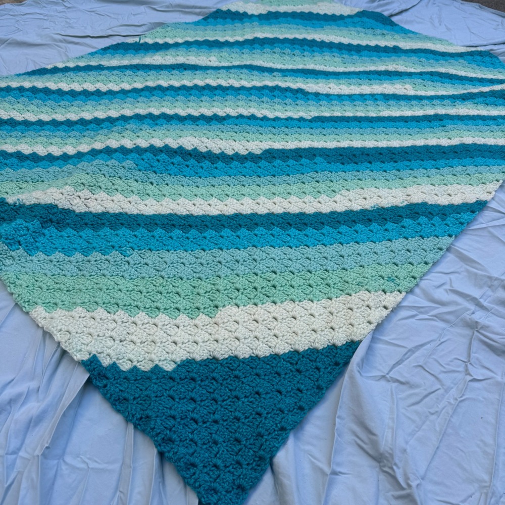 Vintage Crochet Afghan Throw Blanket Blue Teal Striped cozy soft Coastal Cottage